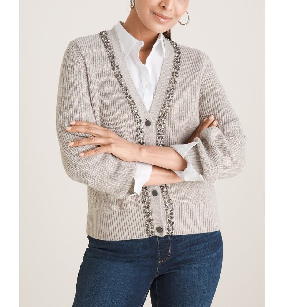 NEW Chico's Studded-Front Cream Taupe Knit Cozy Cardigan Sweater Z68
